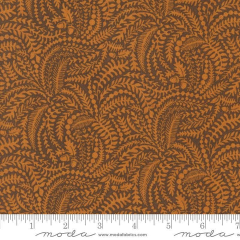 Image of the Acorn Hollow Vines Yam quilting cotton fabric by Moda Fabrics. Features vines on a brown background. Cute Little Fabric Shop