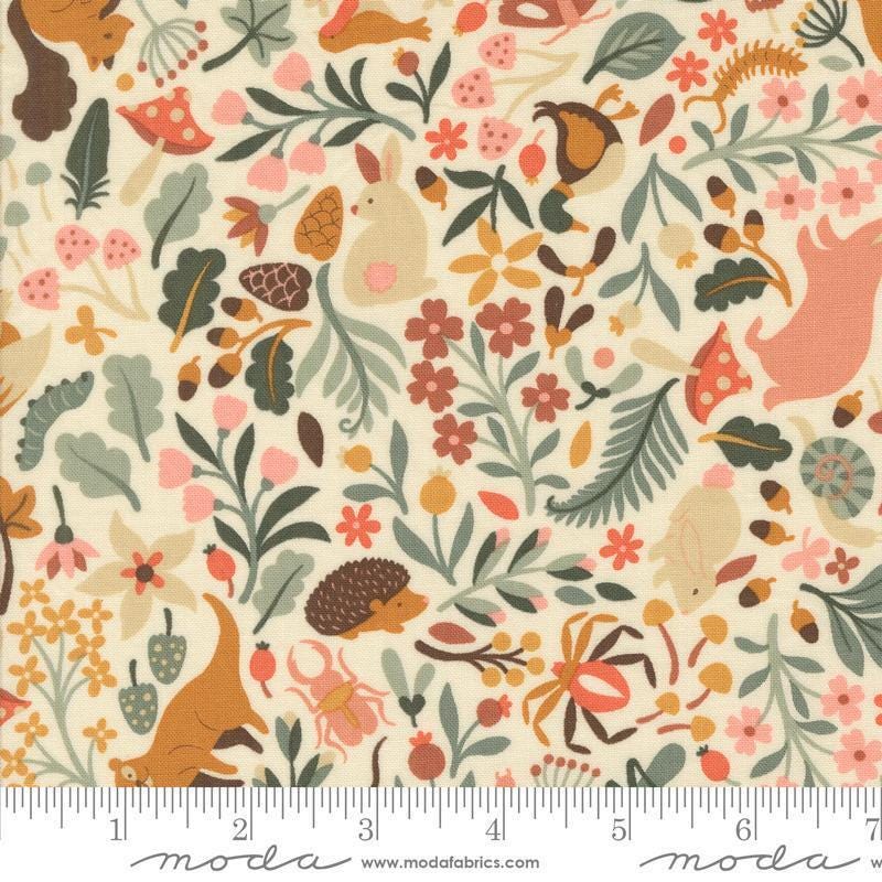 Image of the Acorn Hollow Fauna Ecru quilting cotton fabric by Moda Fabrics. Features flowers on a cream background. Cute Little Fabric Shop