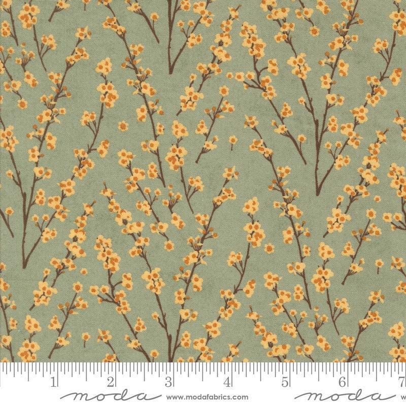 Image of the Acorn Hollow Twiggy Sage quilting cotton fabric by Moda Fabrics. Features flowers on a green background. Cute Little Fabric Shop