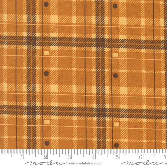 Image of the Acorn Hollow Plaid Yam quilting cotton fabric by Moda Fabrics. Features plaid on an orange background. Cute Little Fabric Shop