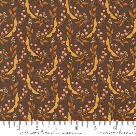Image of the Acorn Hollow Harvest Nutmeg quilting cotton fabric by Moda Fabrics. Features flowers on a brown background. Cute Little Fabric Shop