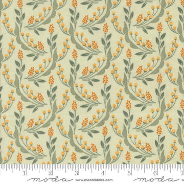 Image of the Acorn Hollow Harvest Mist quilting cotton fabric by Moda Fabrics. Features flowers on a blue background. Cute Little Fabric Shop