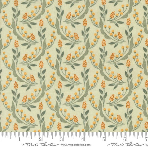 Image of the Acorn Hollow Harvest Mist quilting cotton fabric by Moda Fabrics. Features flowers on a blue background. Cute Little Fabric Shop