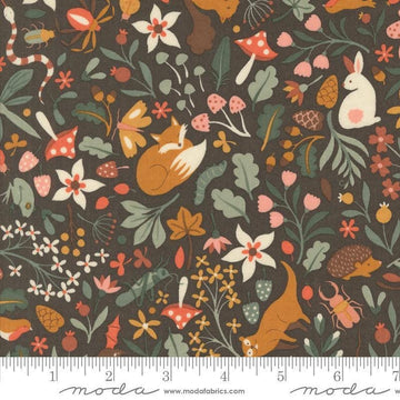 Image of the Acorn Hollow Fauna Soil quilting cotton fabric by Moda Fabrics. Features flowers on a brown background. Cute Little Fabric Shop