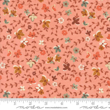 Image of the Acorn Hollow Gather Apple quilting cotton fabric by Moda Fabrics. Features flowers on a red background. Cute Little Fabric Shop