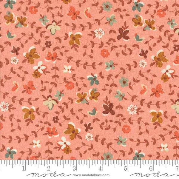 Image of the Acorn Hollow Gather Apple quilting cotton fabric by Moda Fabrics. Features flowers on a red background. Cute Little Fabric Shop