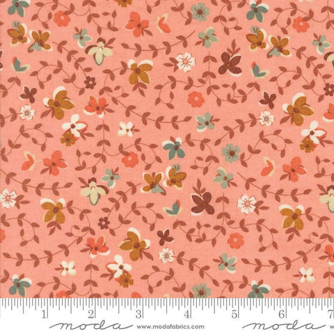 Image of the Acorn Hollow Gather Apple quilting cotton fabric by Moda Fabrics. Features flowers on a red background. Cute Little Fabric Shop