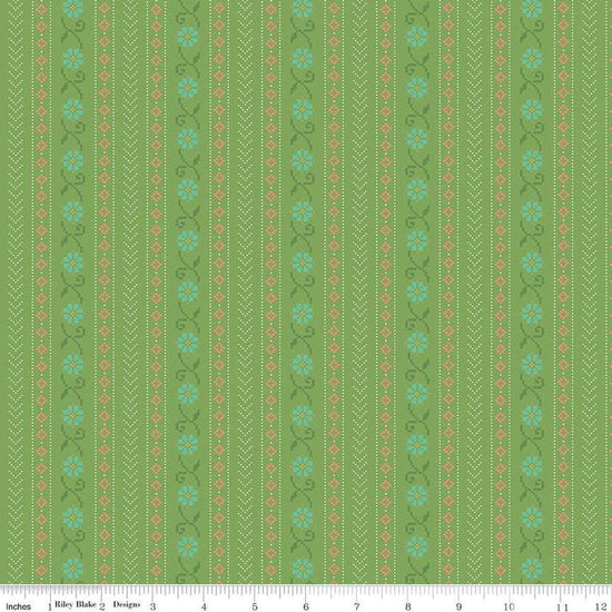 Image of the First Blooms Stitch Key Lime quilting cotton fabric by Riley Blake Designs. Features stripes on a green background. Cute Little Fabric Shop