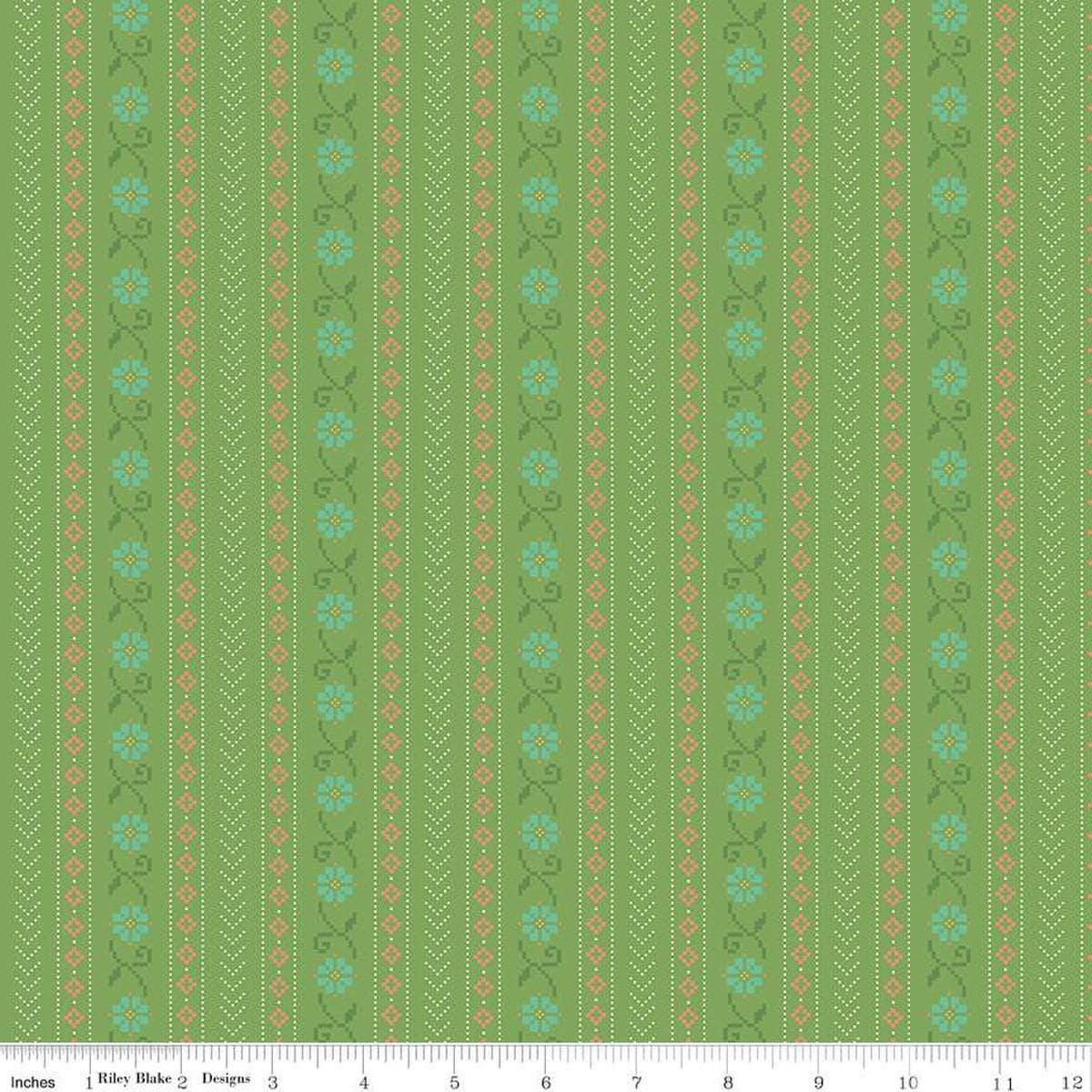 Image of the First Blooms Stitch Key Lime quilting cotton fabric by Riley Blake Designs. Features stripes on a green background. Cute Little Fabric Shop