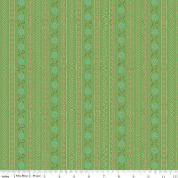 Image of the First Blooms Stitch Key Lime quilting cotton fabric by Riley Blake Designs. Features stripes on a green background. Cute Little Fabric Shop