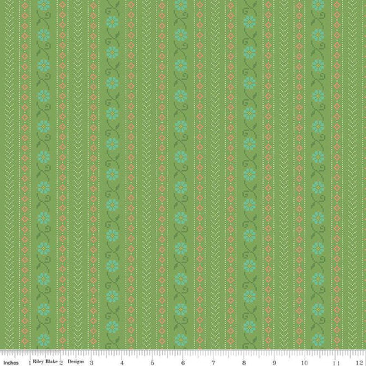 Image of the First Blooms Stitch Key Lime quilting cotton fabric by Riley Blake Designs. Features stripes on a green background. Cute Little Fabric Shop