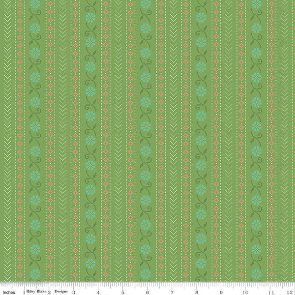 Image of the First Blooms Stitch Key Lime quilting cotton fabric by Riley Blake Designs. Features stripes on a green background. Cute Little Fabric Shop