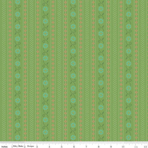 Image of the First Blooms Stitch Key Lime quilting cotton fabric by Riley Blake Designs. Features stripes on a green background. Cute Little Fabric Shop