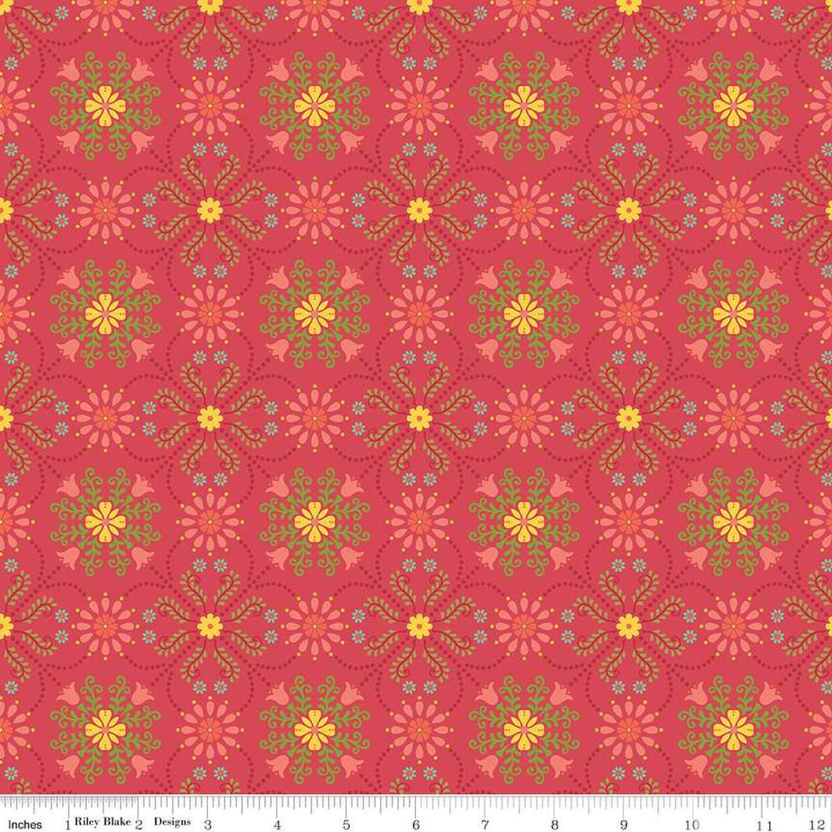 Image of the First Blooms Medallions Berry quilting cotton fabric by Riley Blake Designs. Features flowers on a pink background. Cute Little Fabric Shop