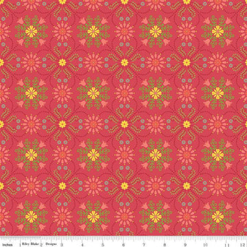 Image of the First Blooms Medallions Berry quilting cotton fabric by Riley Blake Designs. Features flowers on a pink background. Cute Little Fabric Shop