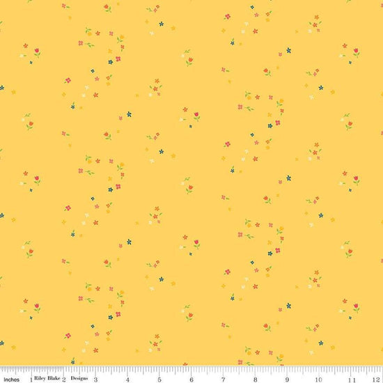 Image of the First Blooms Mini Blooms Yellow quilting cotton fabric by Riley Blake Designs. Features flowers on a yellow background. Cute Little Fabric Shop