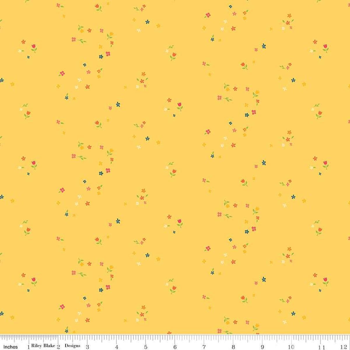 Image of the First Blooms Mini Blooms Yellow quilting cotton fabric by Riley Blake Designs. Features flowers on a yellow background. Cute Little Fabric Shop