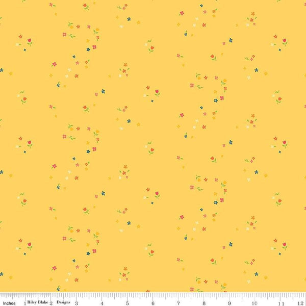 Image of the First Blooms Mini Blooms Yellow quilting cotton fabric by Riley Blake Designs. Features flowers on a yellow background. Cute Little Fabric Shop
