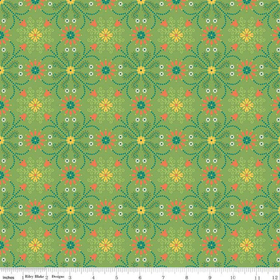 Image of the First Blooms Medallions Key Lime quilting cotton fabric by Riley Blake Designs. Features flowers on a green background. Cute Little Fabric Shop