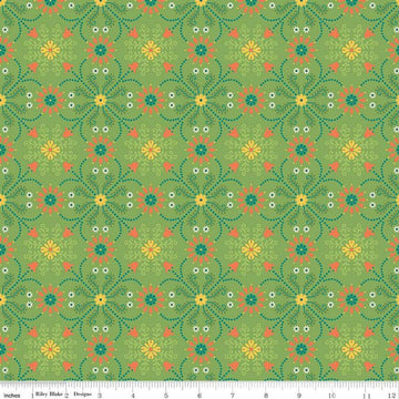 Image of the First Blooms Medallions Key Lime quilting cotton fabric by Riley Blake Designs. Features flowers on a green background. Cute Little Fabric Shop