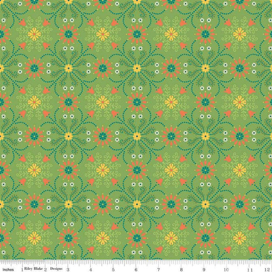 Image of the First Blooms Medallions Key Lime quilting cotton fabric by Riley Blake Designs. Features flowers on a green background. Cute Little Fabric Shop