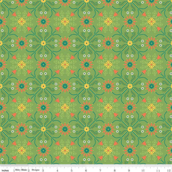 Image of the First Blooms Medallions Key Lime quilting cotton fabric by Riley Blake Designs. Features flowers on a green background. Cute Little Fabric Shop