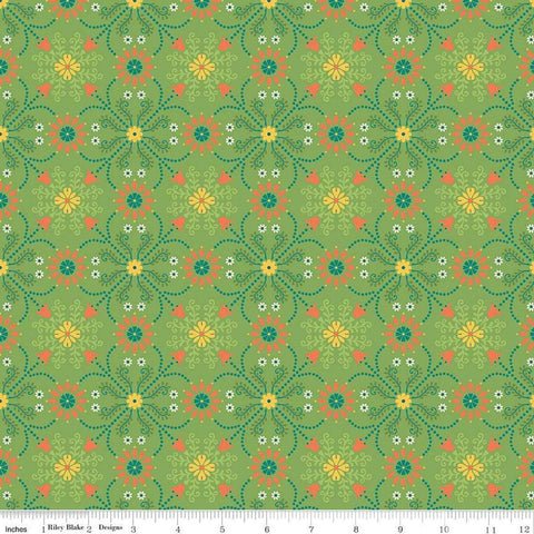 Image of the First Blooms Medallions Key Lime quilting cotton fabric by Riley Blake Designs. Features flowers on a green background. Cute Little Fabric Shop