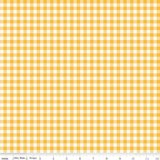 Image of the First Blooms Gingham Yellow quilting cotton fabric by Riley Blake Designs. Features gingham on a yellow background. Cute Little Fabric Shop