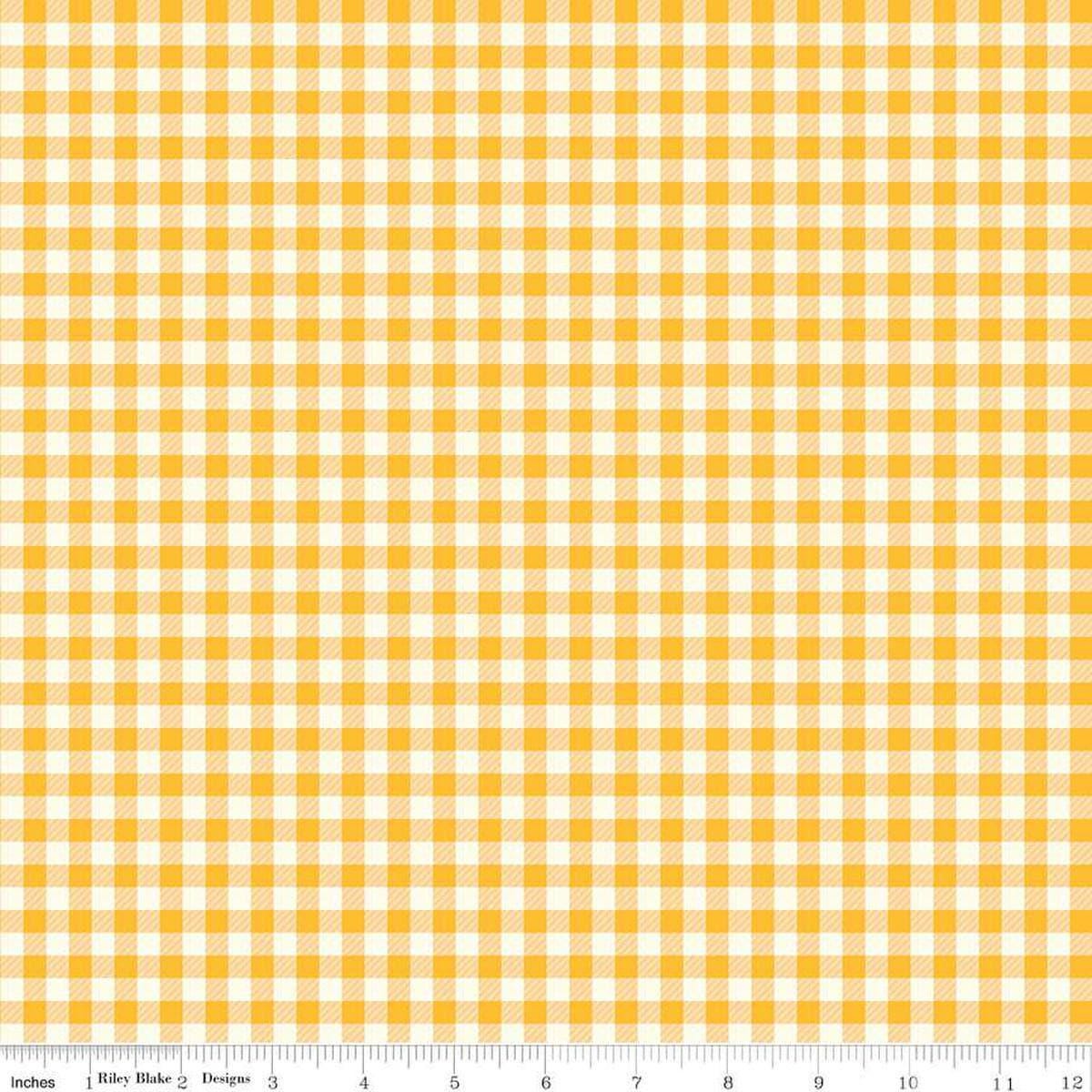 Image of the First Blooms Gingham Yellow quilting cotton fabric by Riley Blake Designs. Features gingham on a yellow background. Cute Little Fabric Shop