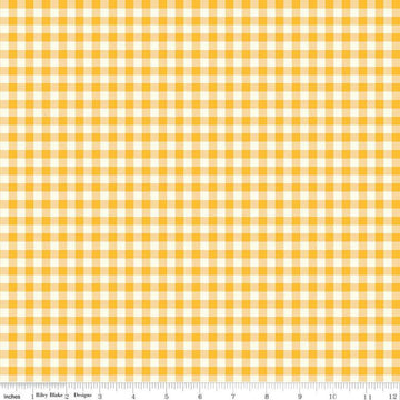 Image of the First Blooms Gingham Yellow quilting cotton fabric by Riley Blake Designs. Features gingham on a yellow background. Cute Little Fabric Shop