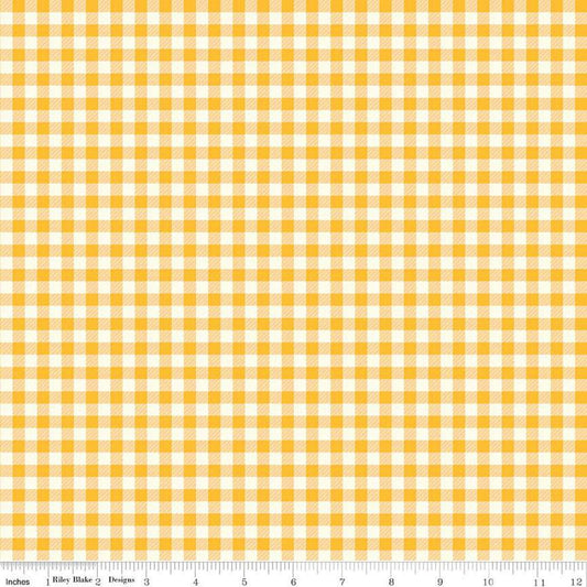 Image of the First Blooms Gingham Yellow quilting cotton fabric by Riley Blake Designs. Features gingham on a yellow background. Cute Little Fabric Shop