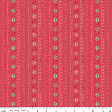 Image of the First Blooms Stitch Berry quilting cotton fabric by Riley Blake Designs. Features stripes on a pink background. Cute Little Fabric Shop