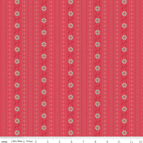 Image of the First Blooms Stitch Berry quilting cotton fabric by Riley Blake Designs. Features stripes on a pink background. Cute Little Fabric Shop
