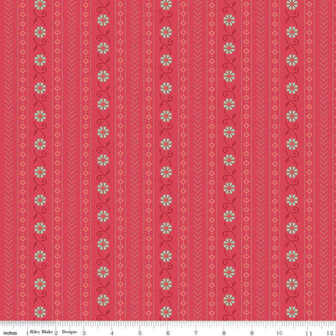 Image of the First Blooms Stitch Berry quilting cotton fabric by Riley Blake Designs. Features stripes on a pink background. Cute Little Fabric Shop