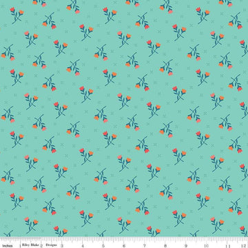 Image of the First Blooms Tulips Glacier quilting cotton fabric by Riley Blake Designs. Features flowers on a blue background. Cute Little Fabric Shop