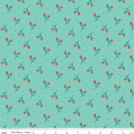 Image of the First Blooms Tulips Glacier quilting cotton fabric by Riley Blake Designs. Features flowers on a blue background. Cute Little Fabric Shop
