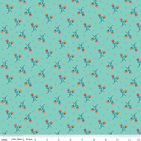 Image of the First Blooms Tulips Glacier quilting cotton fabric by Riley Blake Designs. Features flowers on a blue background. Cute Little Fabric Shop