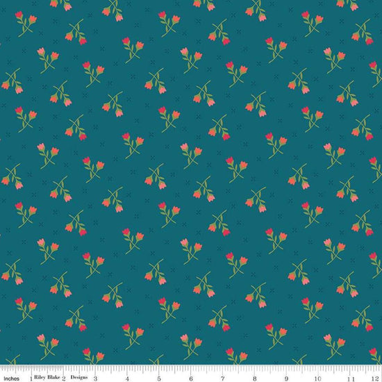 Image of the First Blooms Tulips Denim quilting cotton fabric by Riley Blake Designs. Features flowers on a blue background. Cute Little Fabric Shop