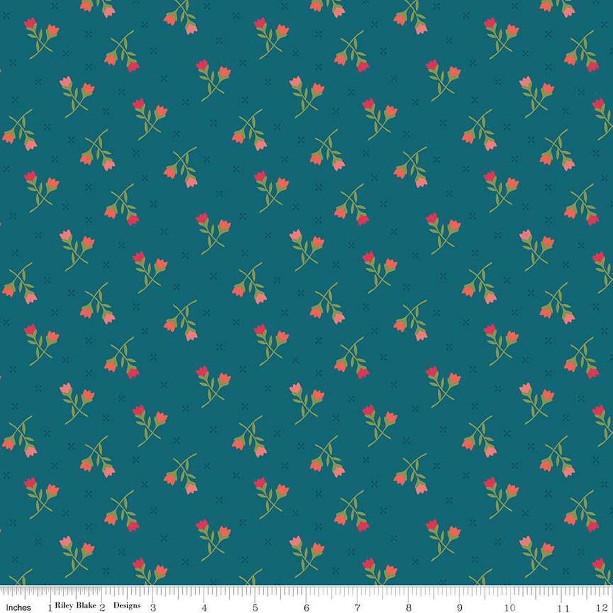 Image of the First Blooms Tulips Denim quilting cotton fabric by Riley Blake Designs. Features flowers on a blue background. Cute Little Fabric Shop