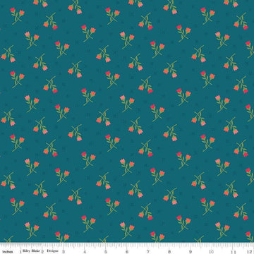 Image of the First Blooms Tulips Denim quilting cotton fabric by Riley Blake Designs. Features flowers on a blue background. Cute Little Fabric Shop