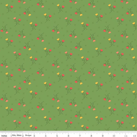 Image of the First Blooms Tulips Key Lime quilting cotton fabric by Riley Blake Designs. Features flowers on a green background. Cute Little Fabric Shop