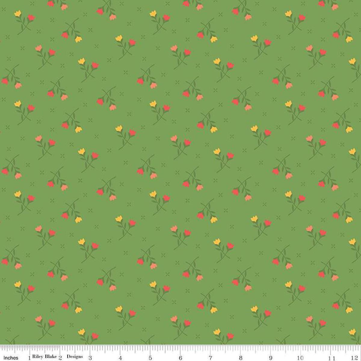 Image of the First Blooms Tulips Key Lime quilting cotton fabric by Riley Blake Designs. Features flowers on a green background. Cute Little Fabric Shop