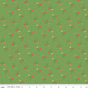 Image of the First Blooms Tulips Key Lime quilting cotton fabric by Riley Blake Designs. Features flowers on a green background. Cute Little Fabric Shop