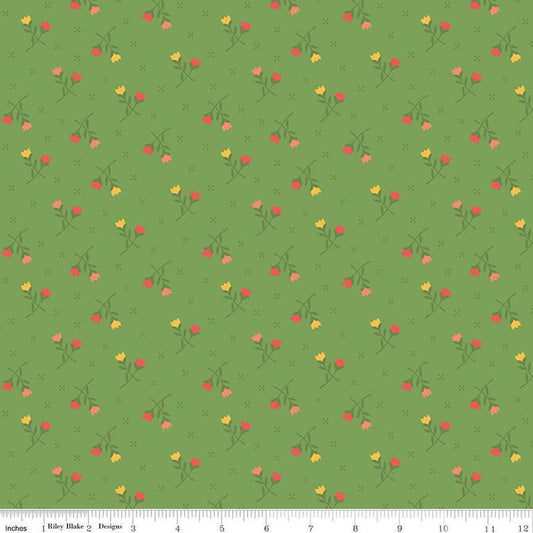 Image of the First Blooms Tulips Key Lime quilting cotton fabric by Riley Blake Designs. Features flowers on a green background. Cute Little Fabric Shop