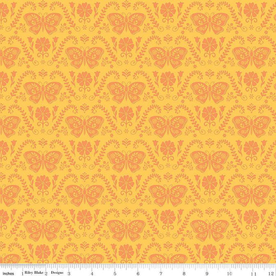Image of the First Blooms Butterflies Yellow quilting cotton fabric by Riley Blake Designs. Features butterflies on a yellow background. Cute Little Fabric Shop