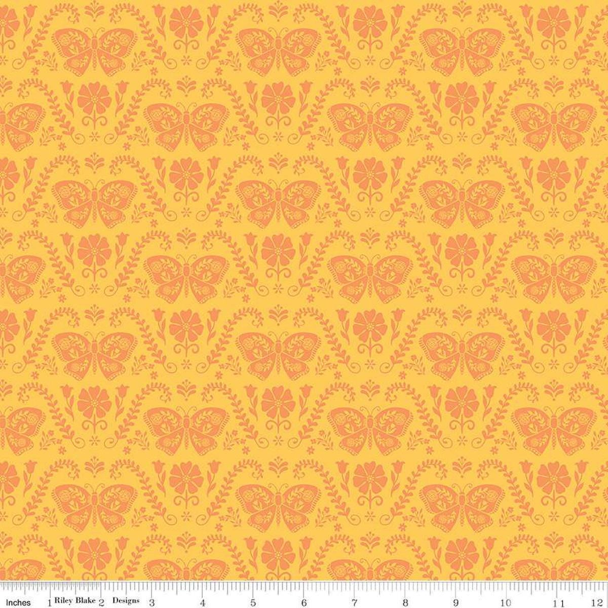 Image of the First Blooms Butterflies Yellow quilting cotton fabric by Riley Blake Designs. Features butterflies on a yellow background. Cute Little Fabric Shop