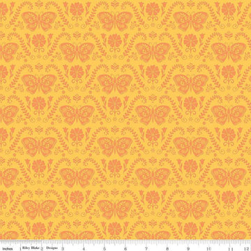 Image of the First Blooms Butterflies Yellow quilting cotton fabric by Riley Blake Designs. Features butterflies on a yellow background. Cute Little Fabric Shop