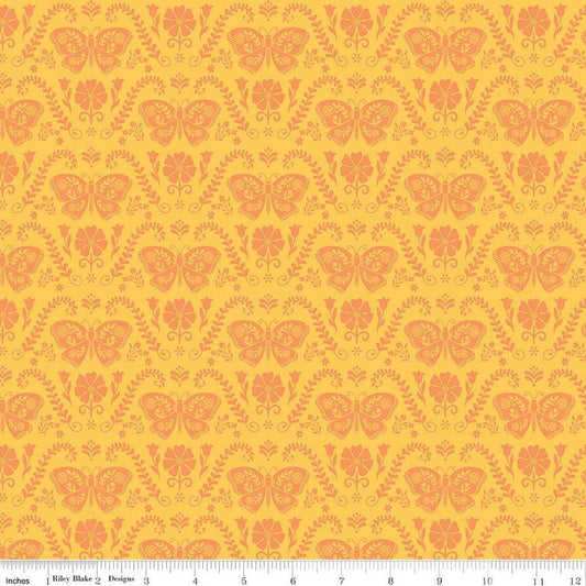 Image of the First Blooms Butterflies Yellow quilting cotton fabric by Riley Blake Designs. Features butterflies on a yellow background. Cute Little Fabric Shop