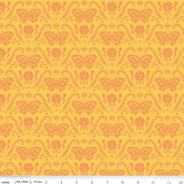 Image of the First Blooms Butterflies Yellow quilting cotton fabric by Riley Blake Designs. Features butterflies on a yellow background. Cute Little Fabric Shop