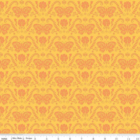 Image of the First Blooms Butterflies Yellow quilting cotton fabric by Riley Blake Designs. Features butterflies on a yellow background. Cute Little Fabric Shop
